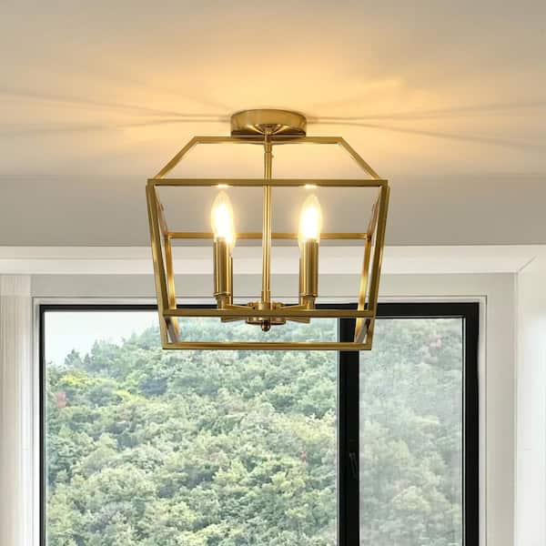 Modern 15 in. 4-Light Gold Geometric Metal Semi-Flush Mount Ceiling Light for Entryway with No Bulb Included