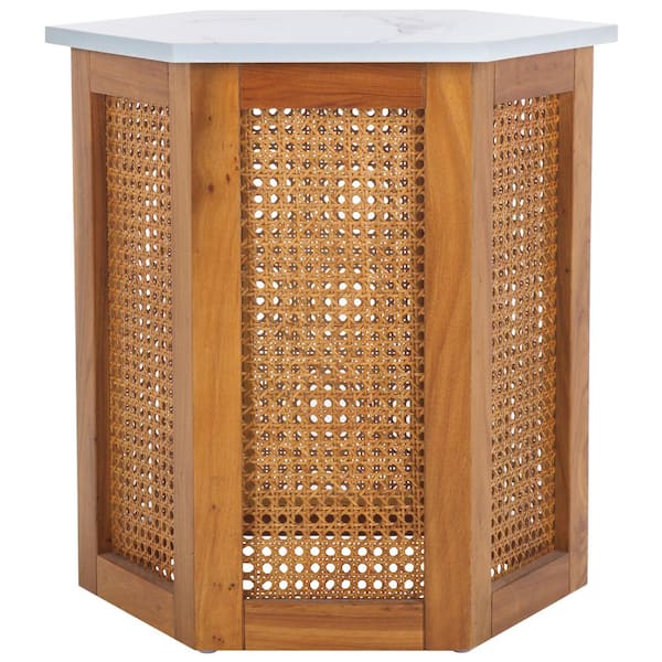 SAFAVIEH Danez 20 in. White Faux Marble Hexagon Rattan End Table