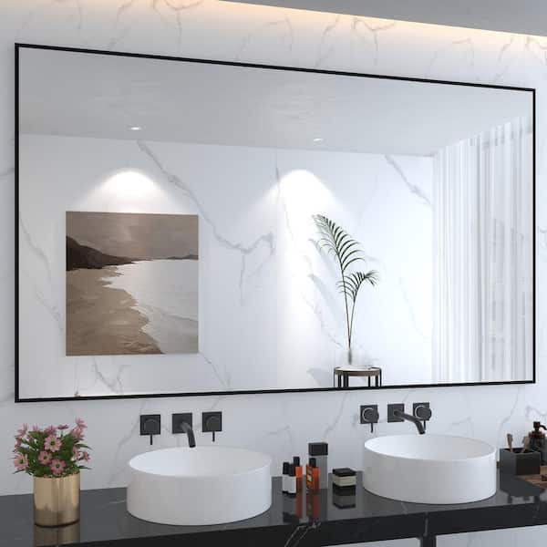59 in. W x 36 in. H Large Rectangular Right Angle Aluminum Alloy Framed Wall Mounted Bathroom Vanity Mirror in Black