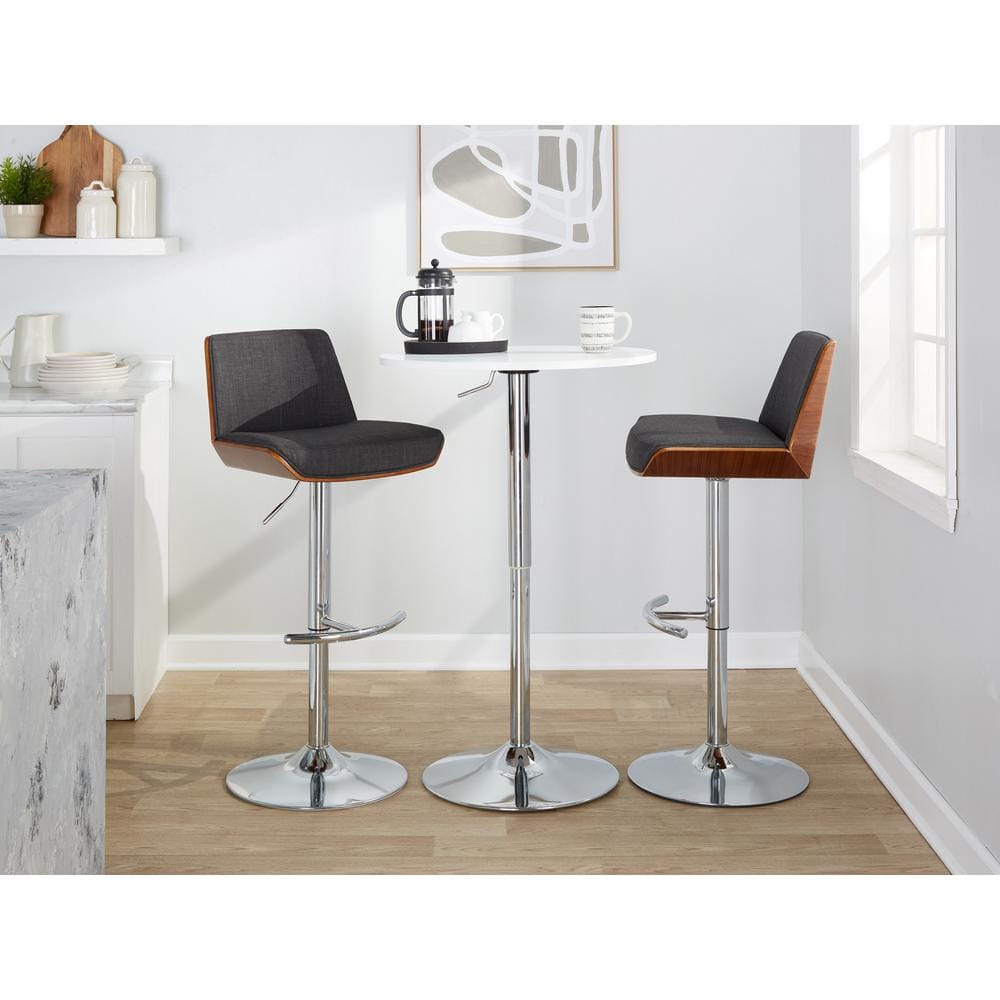 Adjustable Charcoal and Walnut Swivel Bar Stools, Set of 2