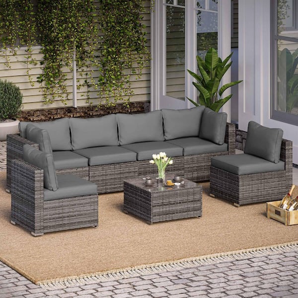 LAUSAINT HOME 7-Piece Gray Wicker Patio Conversation Set with Gray Cushions