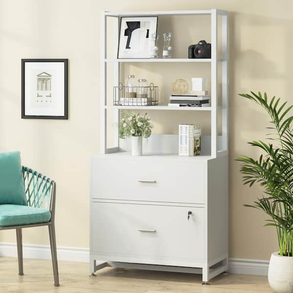 BYBLIGHT Atencio 2-Drawer White Wood 29.5 in. W Vertical File Cabinet with Lock and Open Bookshelf