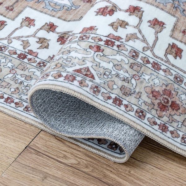 Superbia Boho Medallion Border Non-Slip Machine-Washable Rose Clay/Cream 9 ft. x 12 ft. Area Rug
