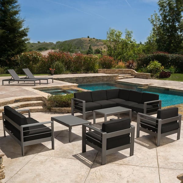 Cape Coral Grey 10-Piece Aluminum Outdoor Patio Conversation Set with Dark Grey Cushions