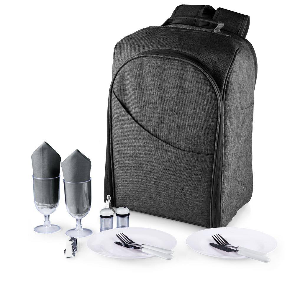 Gray Polyester Insulated Picnic Backpack with Wine Glasses