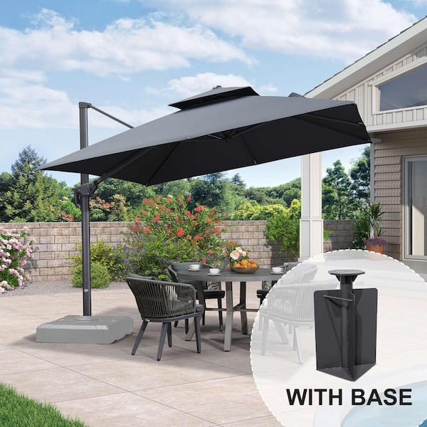 PURPLE LEAF 10 ft. Square 2-Tier Aluminum Cantilever 360-Degree Rotation Patio Umbrella with Base in Ground, Gray