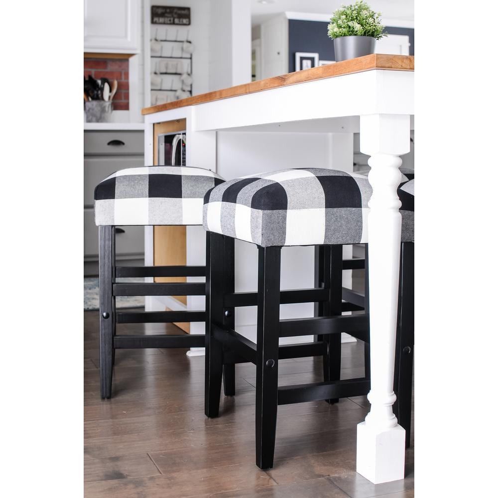 Black and White Plaid Wood Backless Counter Stool