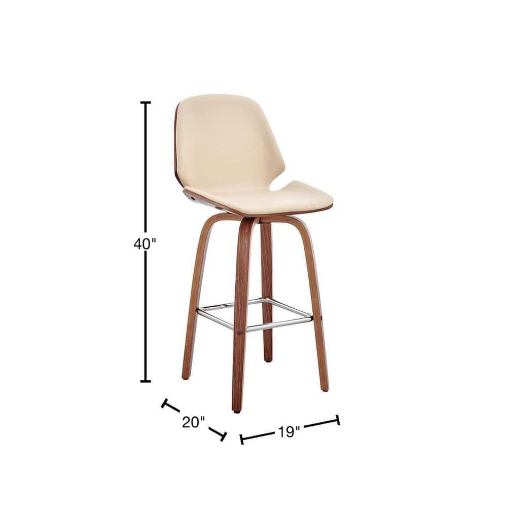 Cream Faux Leather and Walnut Wood Swivel Bar Stool