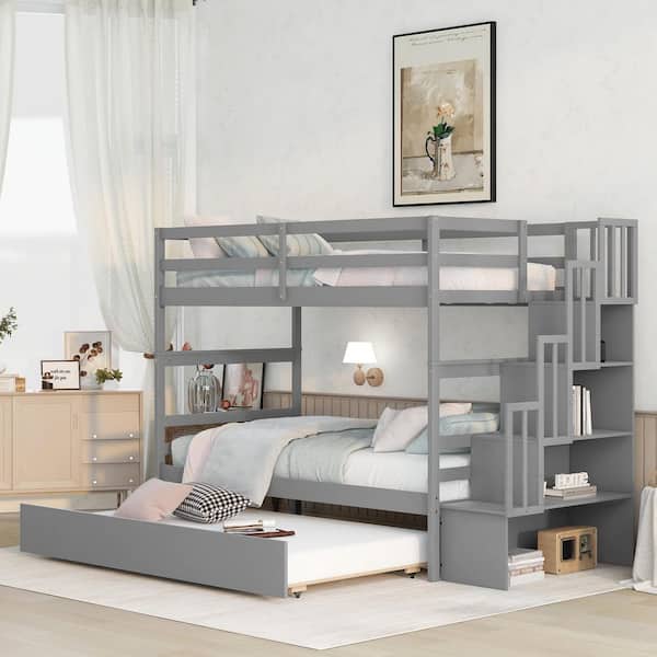 Noble House Boone Gray Twin Over Twin Size Bunk Bed with Trundle, Stairs, Shelves, Pine Wood