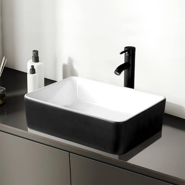 TOOLKISS 18.9 in. Ceramic Rectangular Vessel Sink in Black with Faucet