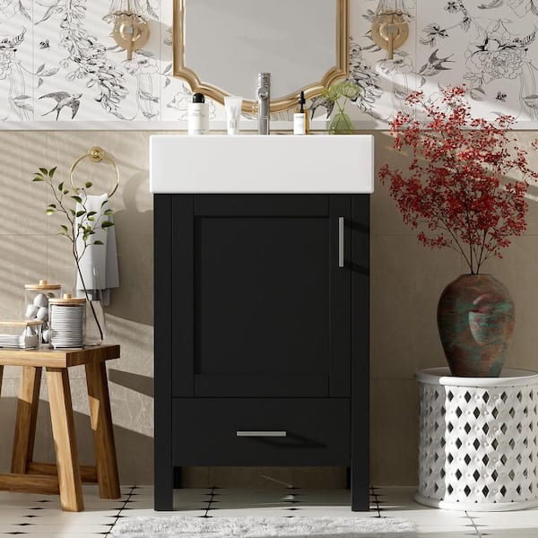 20 in. Freestanding Black Bath Vanity with White Ceramic Top Unassembled