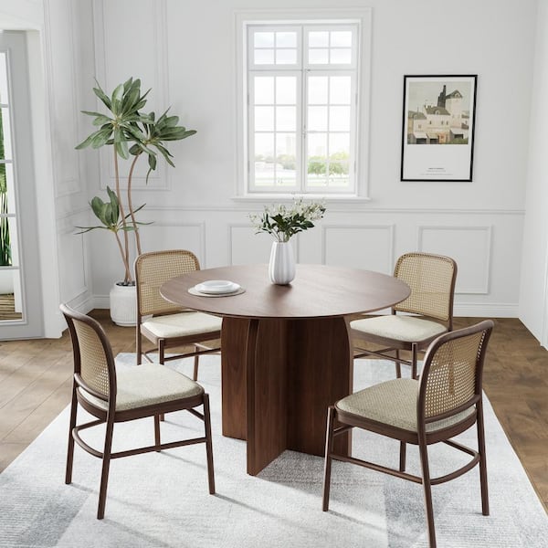 Dovelina Flora Modern Walnut Round Oak Wood Top 42 in. Cross Leg Dining Table Seats 4