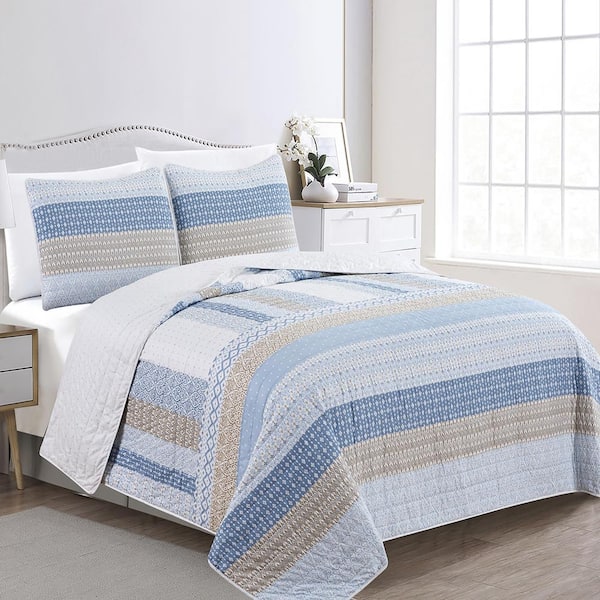 FRESHFOLDS Blue Printed Stripe Pattern Full/Queen Microfiber 3-Piece Quilt Set Bedspread