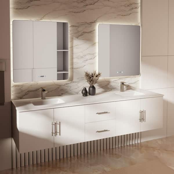 Geneva 80 in. W x 22 in. D Glossy White Double Bath Vanity, White Quartz Top, and Faucet Set