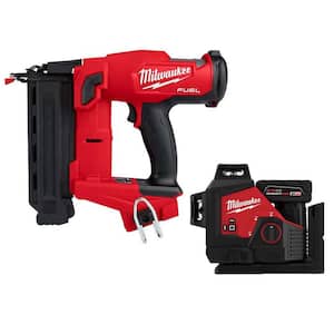 M18 FUEL 18GA BRAD NAILER W/M12 Lithium-Ion Cordless Green 250 ft. 3Plane Laser Level Kt w/4.0 Ah Battery, Charger, Case