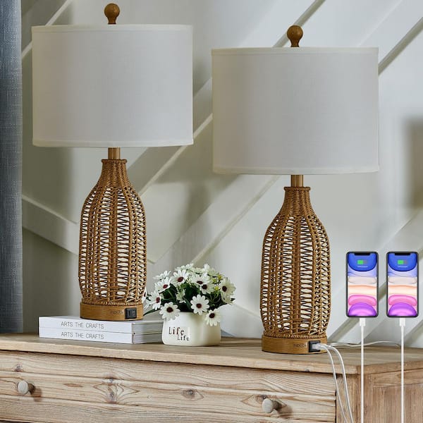 Maxax Heideman 24 in. Brown Rope-Woven Bedside Table Lamp with White Linen Lampshade, USB, Type-C Ports（2-Pack）
