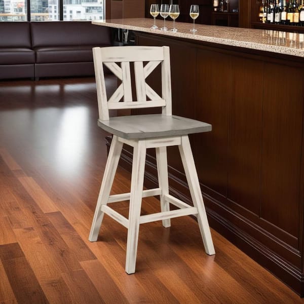 Ati 37.5 in. H Gray and White Low Back Wood Swivel Counter Height Barstool Set of 2