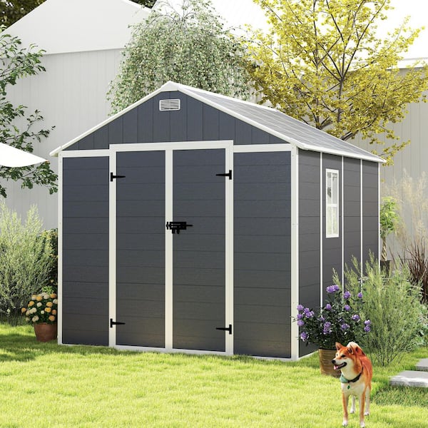 8 ft. x 8 ft. Resin Outdoor Storage Shed, 64 sq. ft. Covered Area, with Windows and Lockable Door, Dark Gray