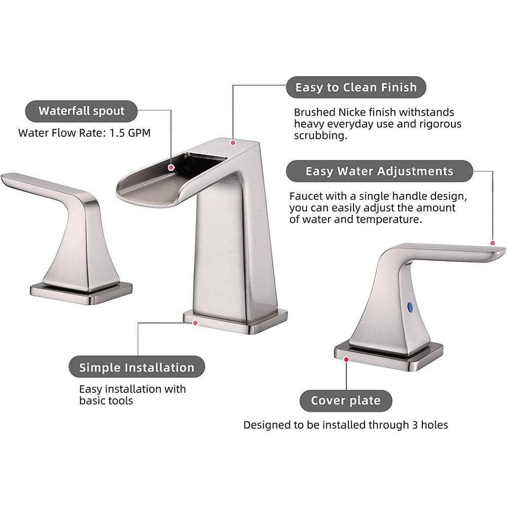 Brushed Nickel 8-inch Widespread Waterfall Bathroom Faucet