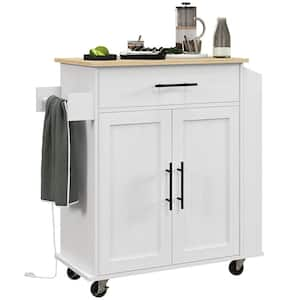 White Wood 15 in. Kitchen Island with AC Outlets USB Ports Microwave Stand with Towel and Spice Rack