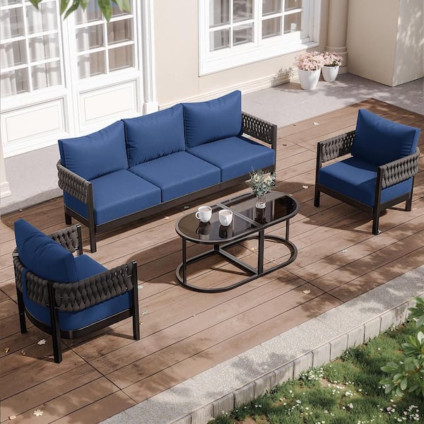 5-piece Aluminlum Frame Woven Rope Outdoor Patio Sofa with Glass Table and Navy Blue Cushions