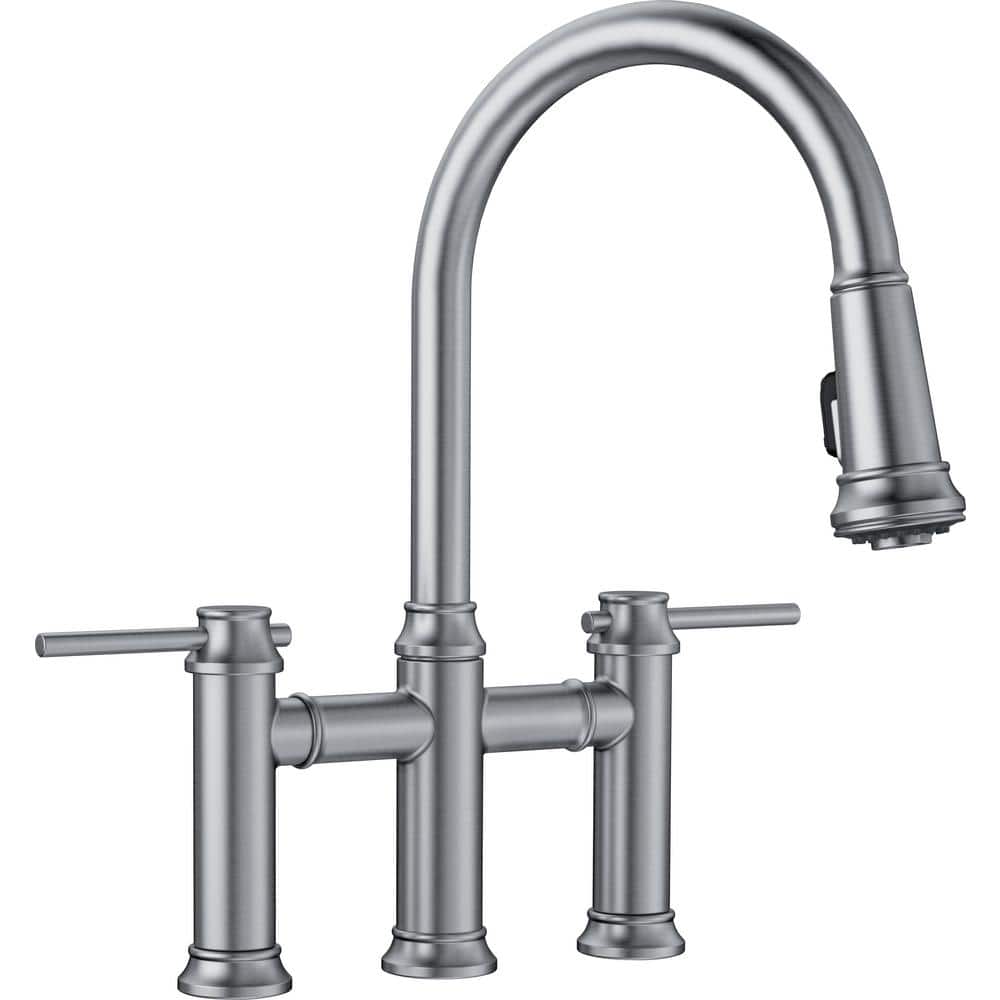 EMPRESSA Double Handle Gooseneck Bridge Kitchen Faucet with Pull-Down Spray