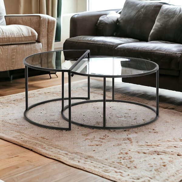 HomeRoots 33 in. Black Half-Circle Glass Coffee Table