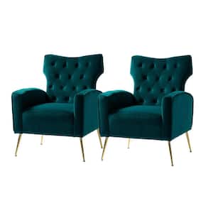 Brion Modern Teal Velvet Button Tufted Comfy Wingback Armchair with Metal Legs (Set of 2)