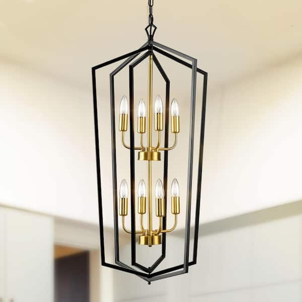 Magic Home 8-Light Industrial Tiered Island Hall Foyer Lantern Chandelier Ceiling Light Living Room, Black and Gold