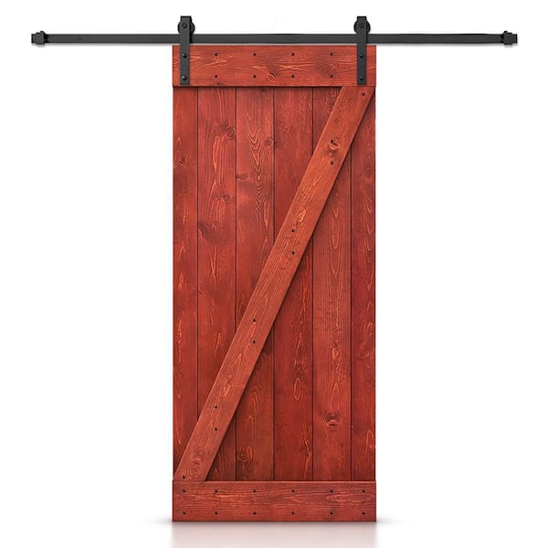 CALHOME Z Bar Series 24 in. x 84 in. Pre-Assembled Cherry Red Stained Wood Interior Sliding Barn Door with Hardware Kit