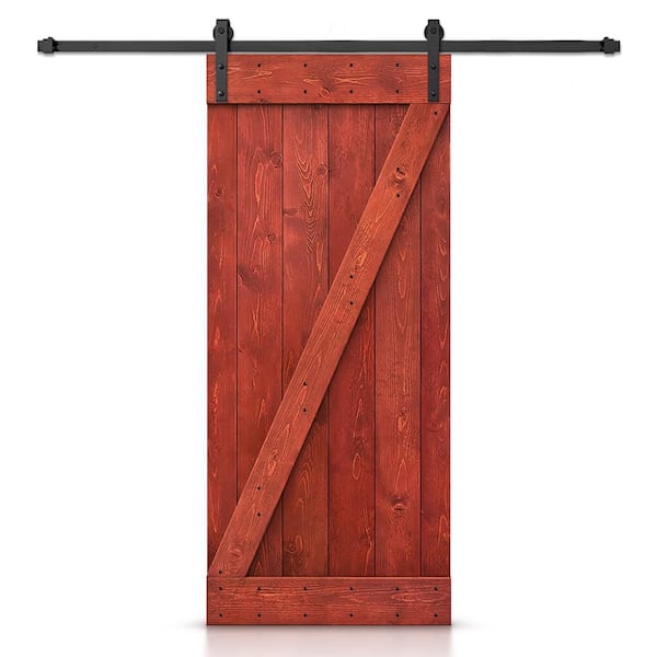 CALHOME Z Bar Series 30 in. x 84 in. Pre-Assembled Cherry Red Stained Wood Interior Sliding Barn Door with Hardware Kit