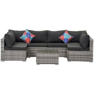 7-Piece Grey Wicker Outdoor Patio Sectional Sofa Conversation Set with Grey Cushions and 1 Coffee Table