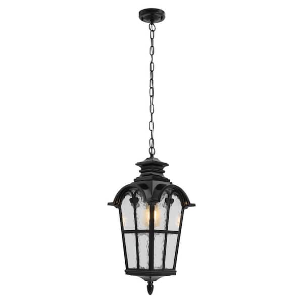 OUKANING 19.09 in. 1-Light Black Retro Outdoor Waterproof Pendant Light with Clear Seeded Glass Shade and No Bulbs Included