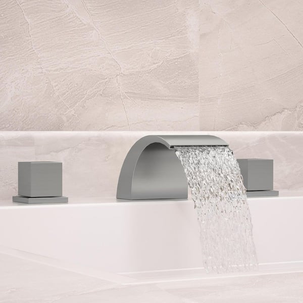 Modern Widespread 2-Handle Waterfall Bathroom Sink Faucet 3-Hole with Pop-Up Drain in Brushed Nickel