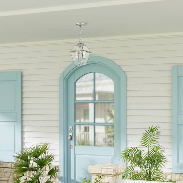 Ainsworth 14 in. 2-Light Brushed Nickel Dimmable Outdoor Pendant Light with Clear Beveled Glass and No Bulbs Included