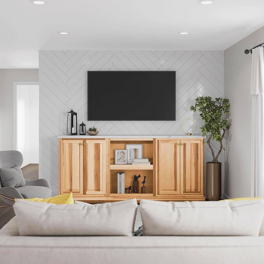 Living room with natural hickory storage cabinet