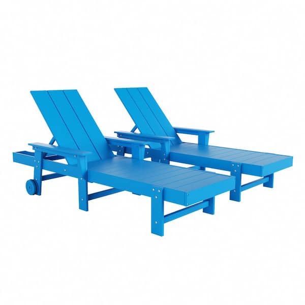 WESTIN OUTDOOR Shoreside 2PC Pacific Blue Fade Proof Plastic Portable Poly Reclining Outdoor Patio Chaise Lounge Armchairs with Wheels