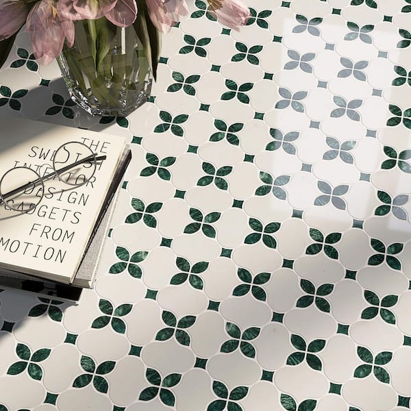 Clover Bloom White and Green 11.82 in. x 11.82 Floral Polished Marble Mosaic Tile Sample