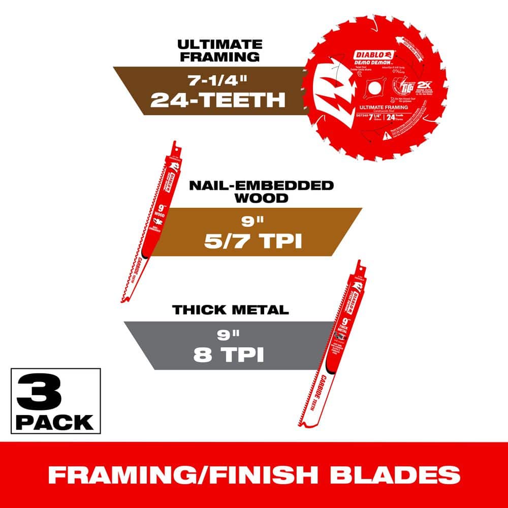 7-1/4 in. 24-T Demolition Saw Blade, 9 in. Carbide Reciprocating Blades for Nail-Embedded Wood & Thick Metal (3-Blades) price history on PriceWatchPro