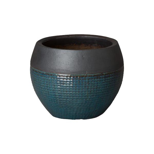 Emissary 18 in. Dia Matte Black and Teal Ceramic Net Planter
