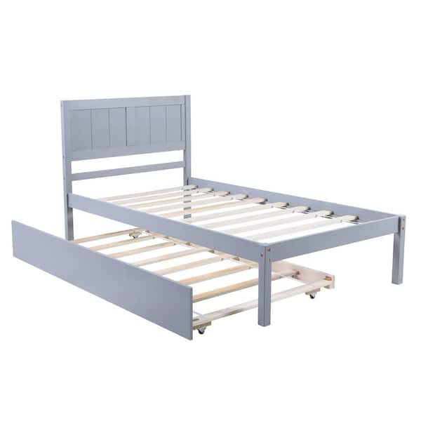 URTR Gray Twin Size Platform Bed Wood Platform Bed with Trundle, Wooden Bed Frame, Not Box Spring Required
