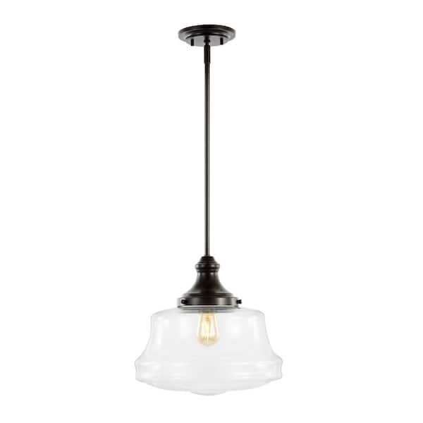 Schoolhouse 14 in. 1-Light Oil Rubbed Bronze Bohemian Farmhouse Iron/Glass LED Chandelier/Pendant Design, Clear