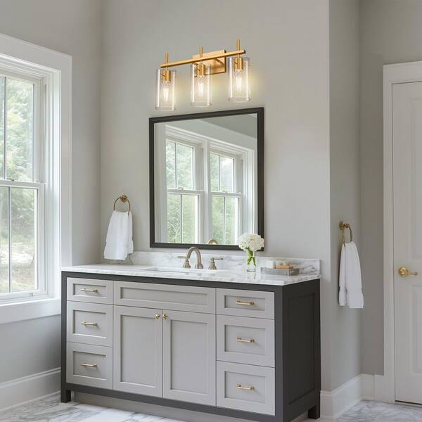 20 in. 3-Light Bathroom Fixture, Gold Metal Vanity Light Frame with Clear Glass Shades, Modern Bathroom Lighting