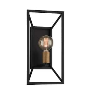 Within 8 in. 1-Light Matte Black Contemporary Wall Sconce with Metal Cage and Aged Gold Accent