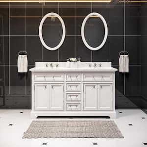 60 in. W x 22 in. D Vanity in White with Marble Vanity Top in Carrara White and Mirror