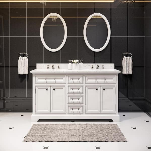 Water Creation 60 in. W x 22 in. D Vanity in White with Marble Vanity Top in Carrara White and Mirror