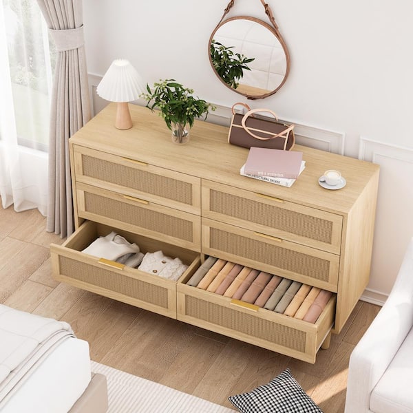 51.18 in. 6-Drawers Rattan Storage Cabinet Rattan Drawer with White Drawer Slides, for Bedroom, Living Room, Natural