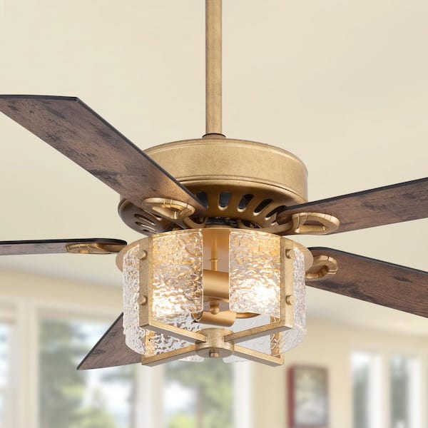 Wallin 52 in. 2-Light Indoor Downrod Antique Gold Ceiling Fan with Light Kit, 5 Black/Brown Blades and Remote Included