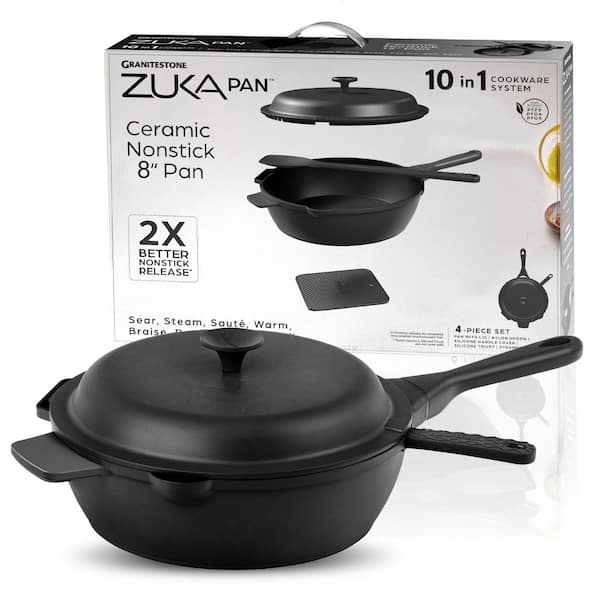 Zuka Everyday Pan 1.25 qt. Aluminum 10 in 1 Ceramic Nonstick Multi-Functional Saute Pan with Lid, Nylon Spoon