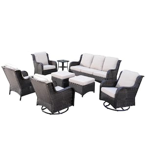 Moonlight Brown 8-Piece Wicker Patio Conversation Seating Sofa Set with Beige Cushions and Swivel Rocking Chairs